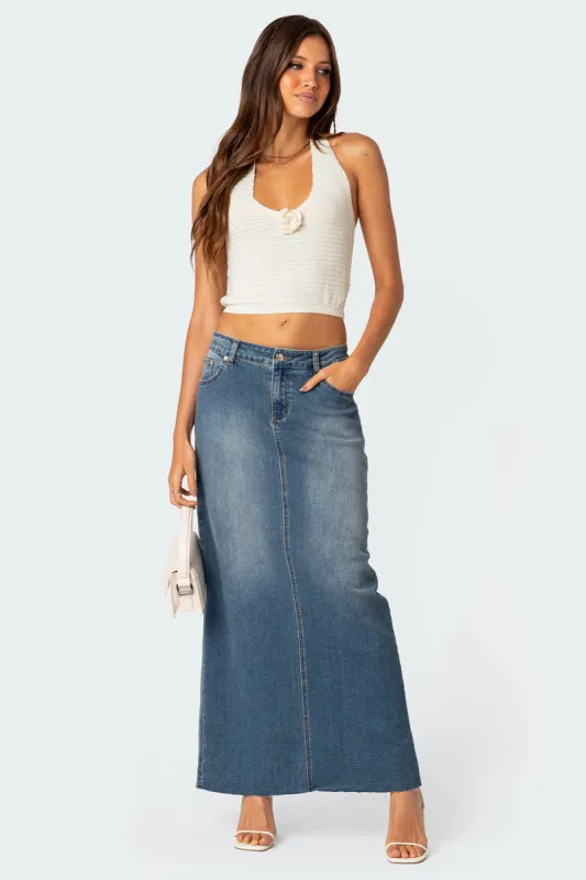 Elowyn Slitted Denim Maxi Skirt sold by Edikted