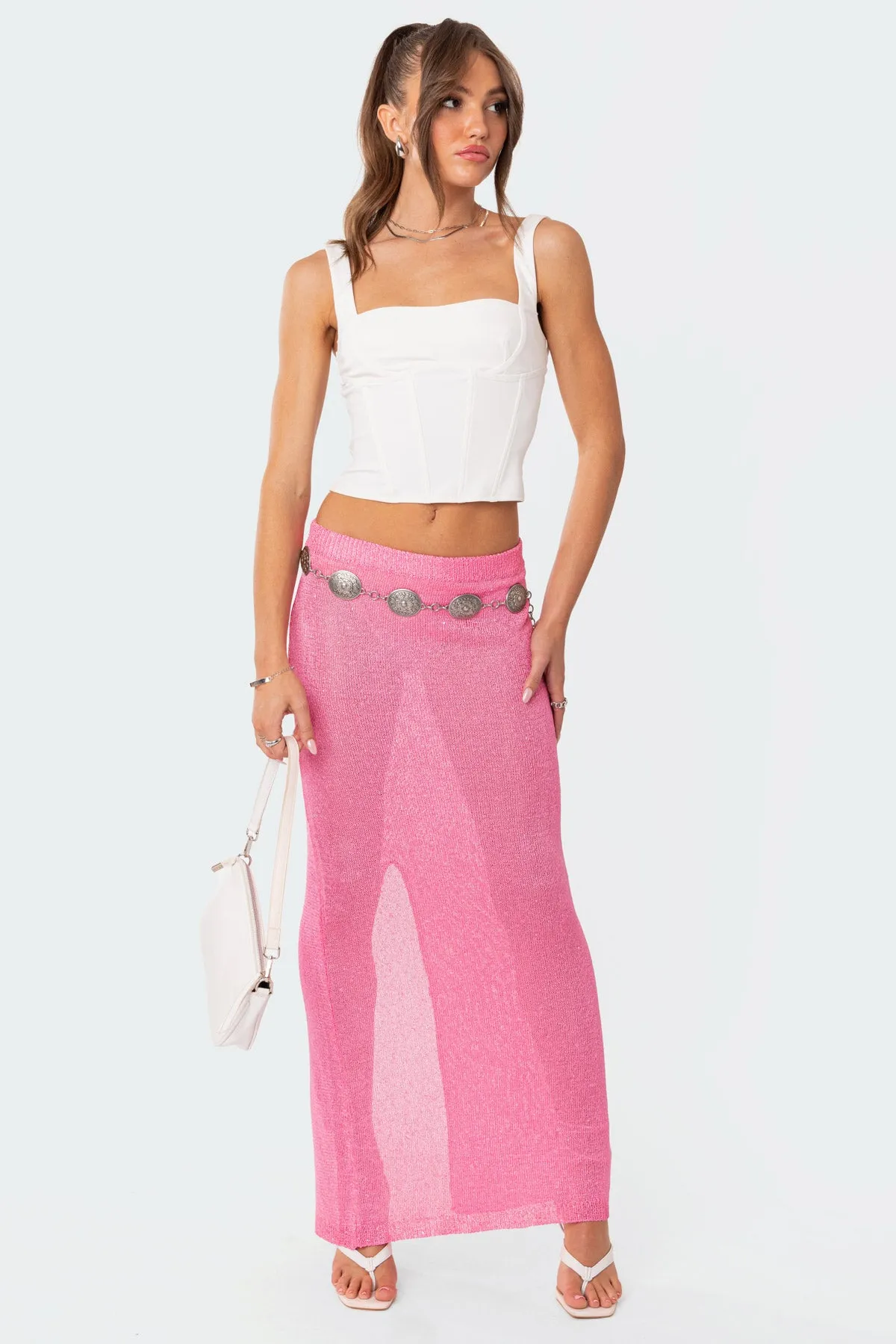 Micro Sequin Sheer Knit Maxi Skirt sold by Edikted