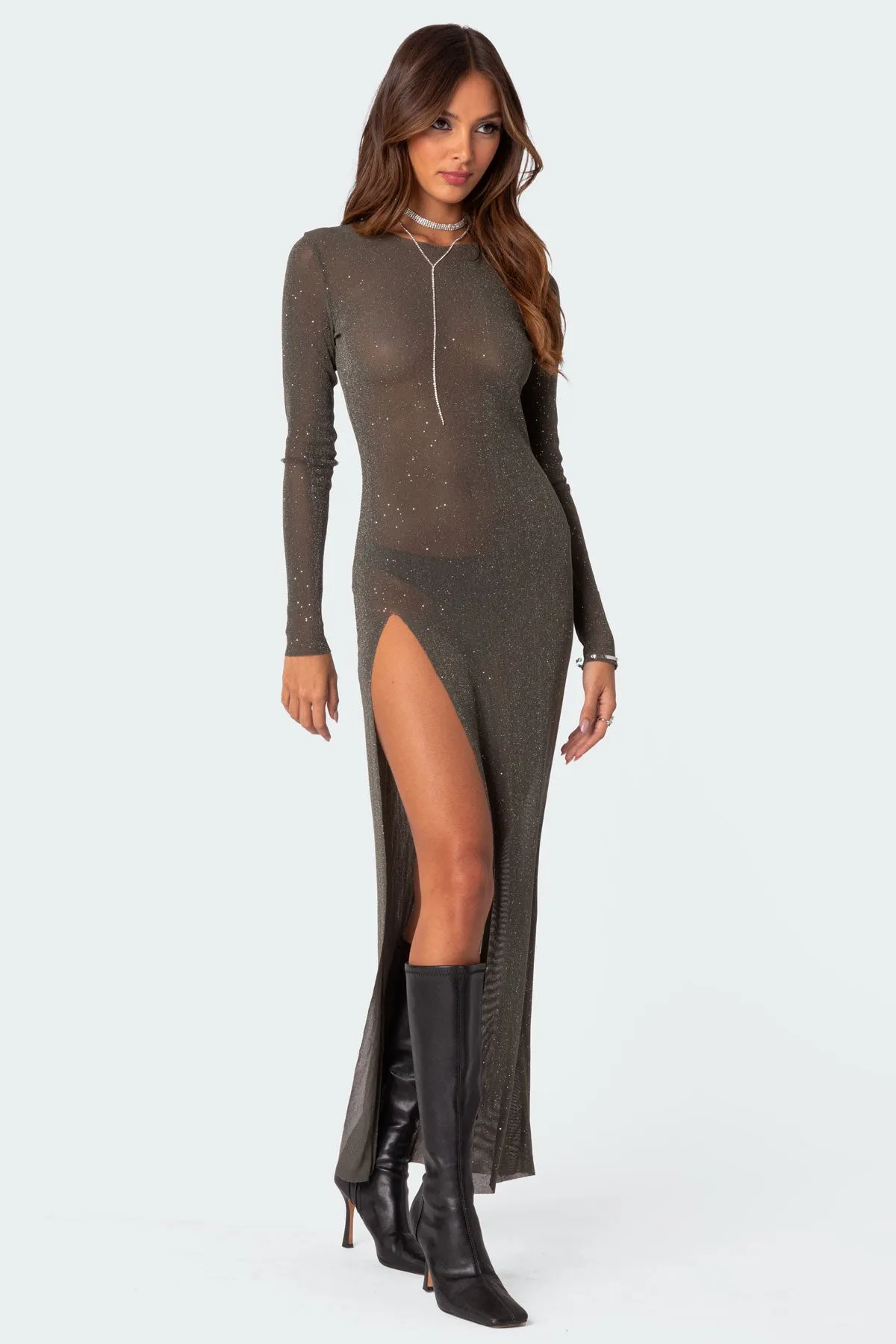Glitter Mesh Slitted Maxi Dress sold by Edikted product image thumbnail 2