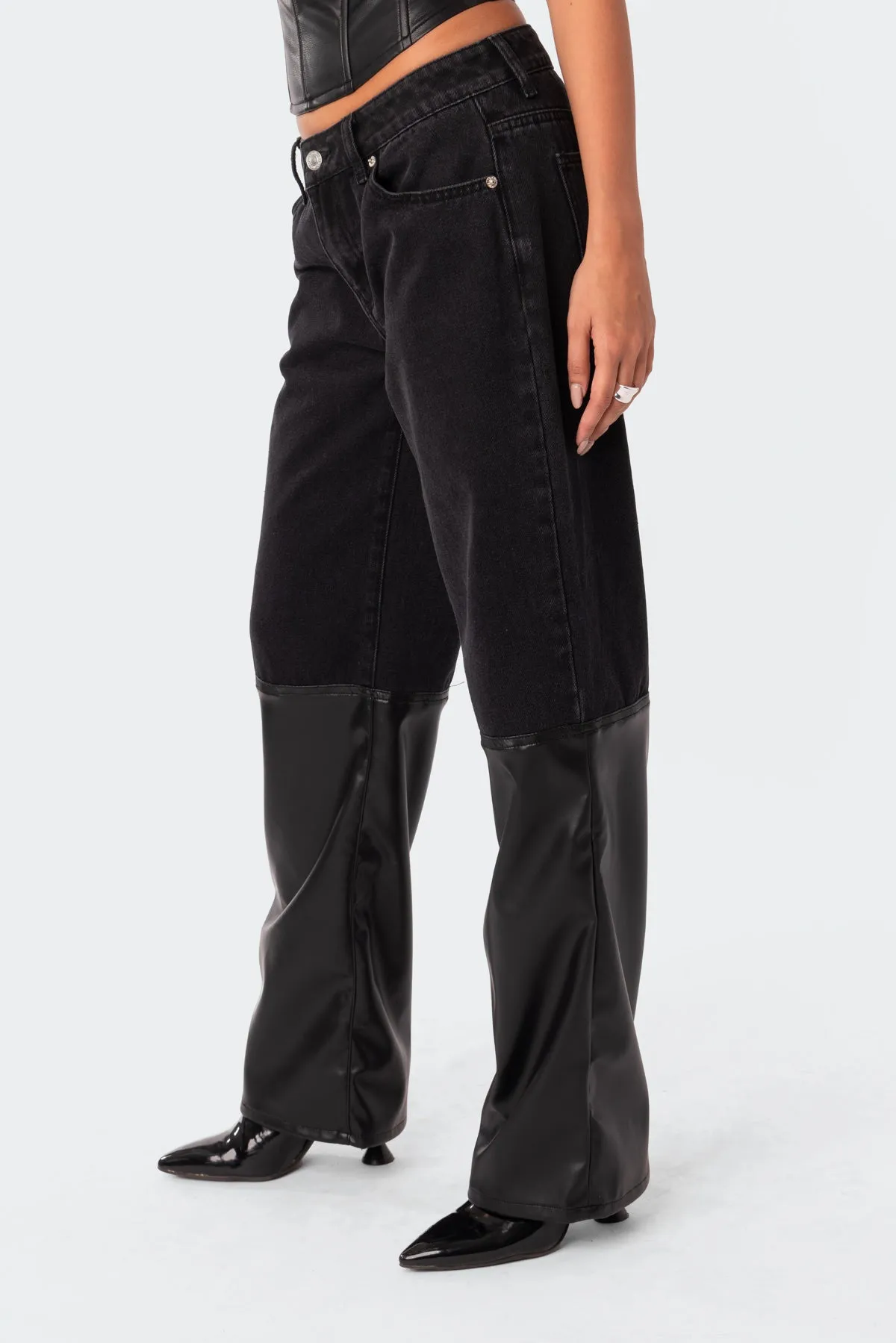 Low Rise Half Faux Leather Leg Jeans sold by Edikted product image thumbnail 3