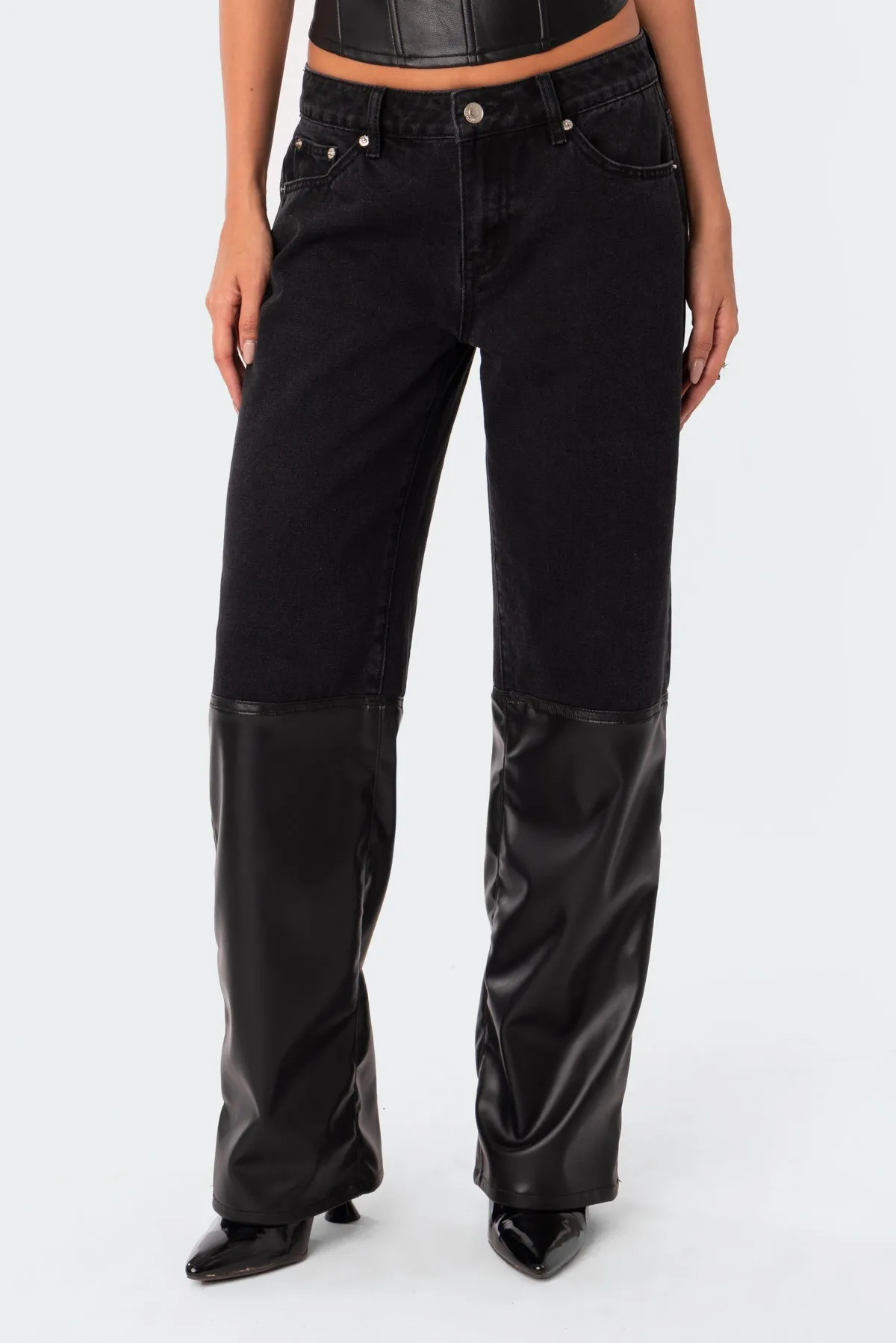 Low Rise Half Faux Leather Leg Jeans sold by Edikted