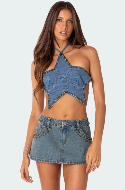 Starlet Studded Denim Crop Top sold by Edikted