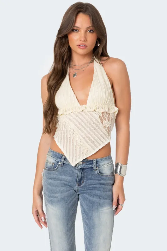 Quinta Lacey Asymmetric Halter Top sold by Edikted