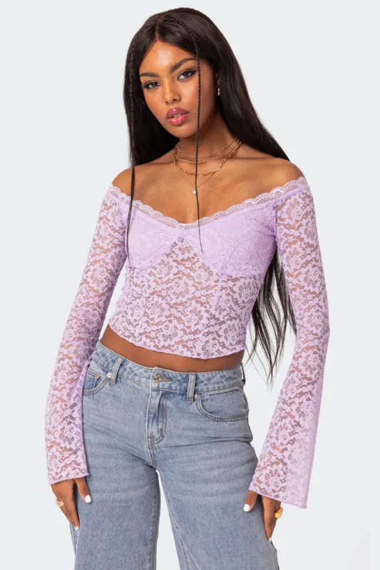 Linda Off Shoulder Sheer Lace Top sold by Edikted