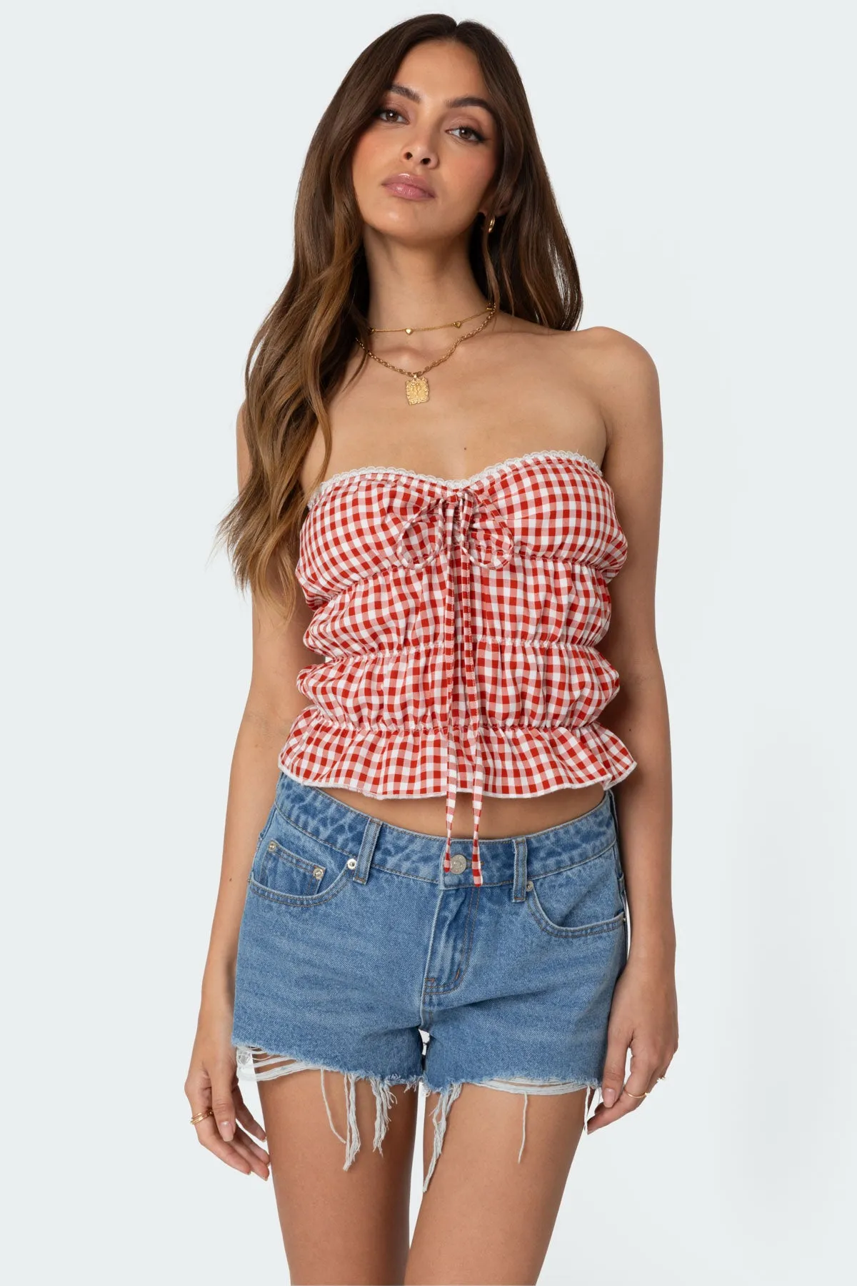 Lanna Gingham Elastic Scrunch Top sold by Edikted product image thumbnail 3