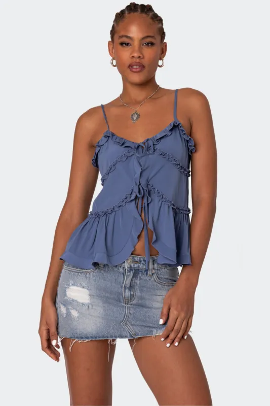 Juniper Tie Front Ruffled Top sold by Edikted