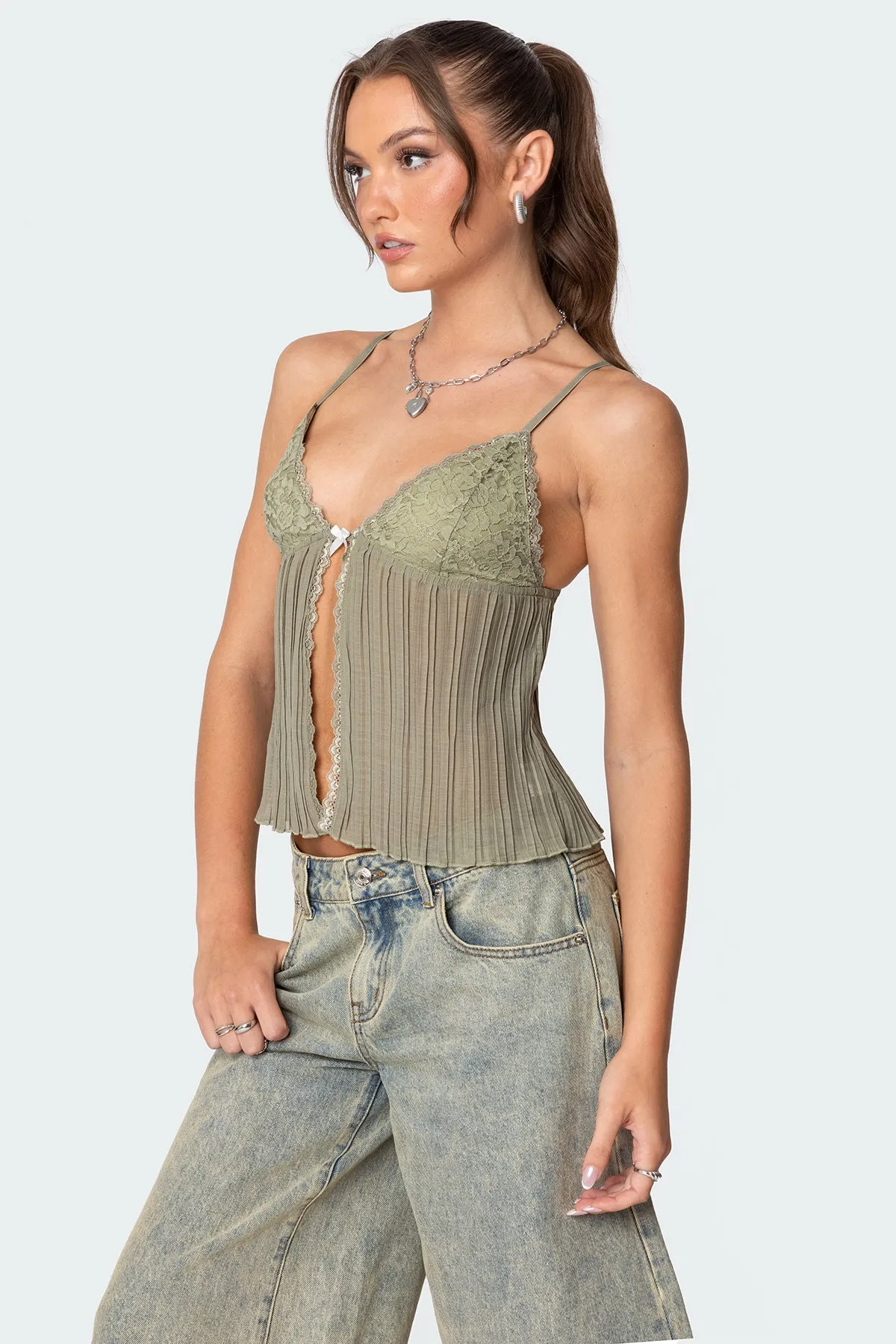 Pleated Lacey Split Front Tank Top sold by Edikted product image thumbnail 3