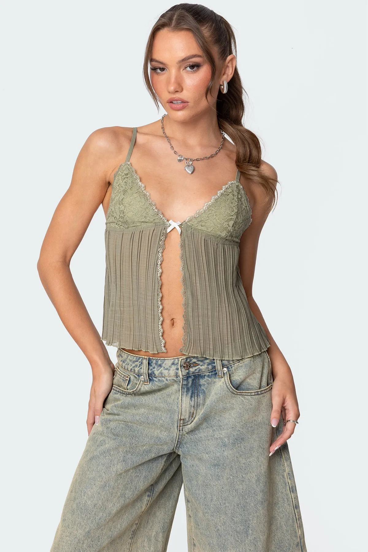 Pleated Lacey Split Front Tank Top sold by Edikted