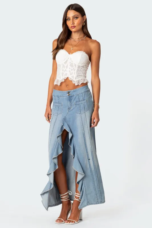 Valencia Ruffle Slitted Denim Maxi Skirt sold by Edikted