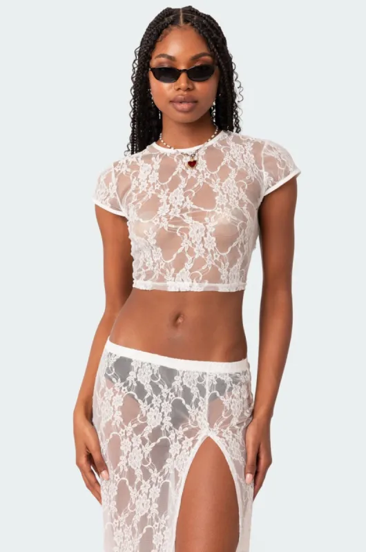 Aura Open Back Sheer Lace Crop Top sold by Edikted