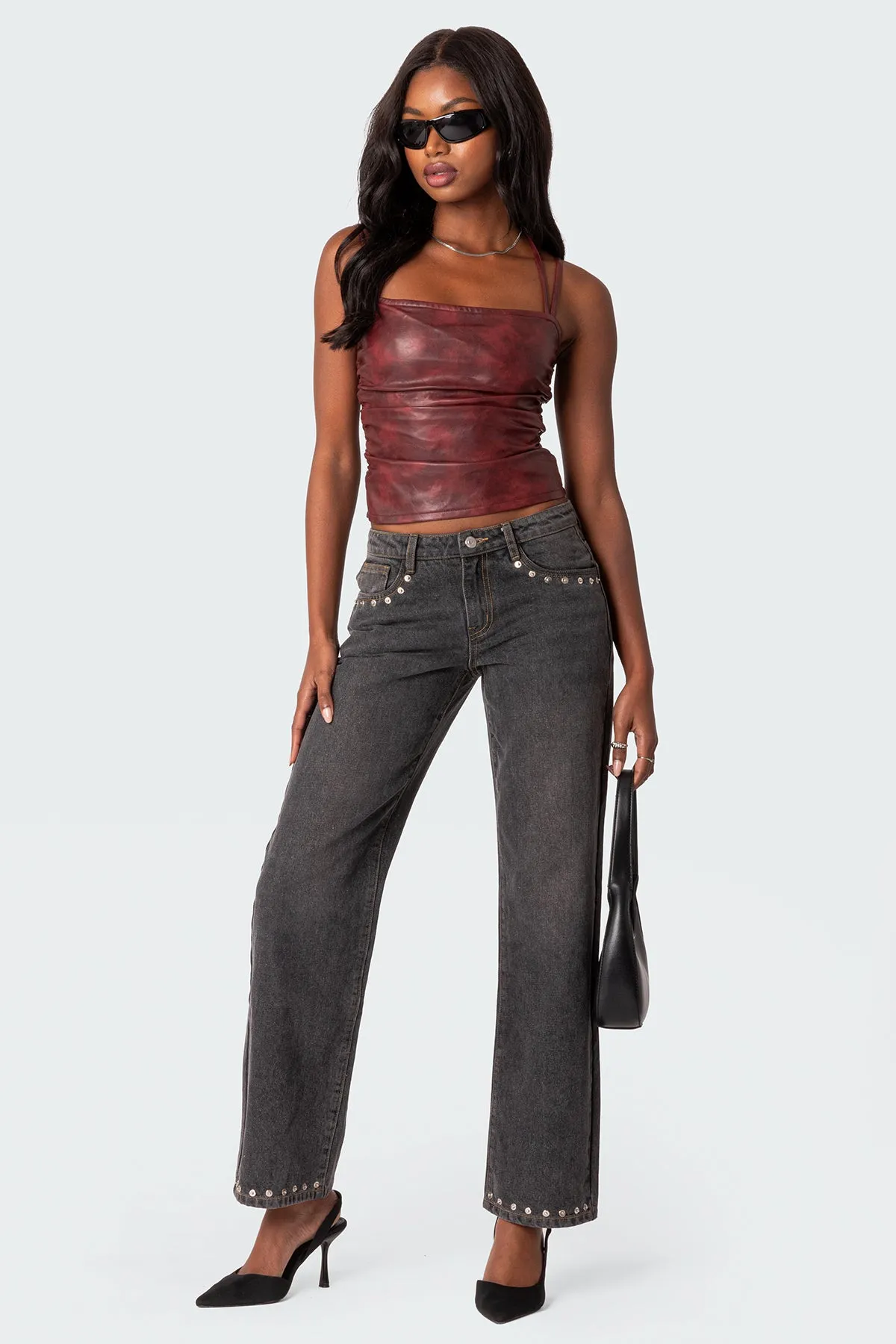 Rivet Trim Straight Leg Jeans sold by Edikted