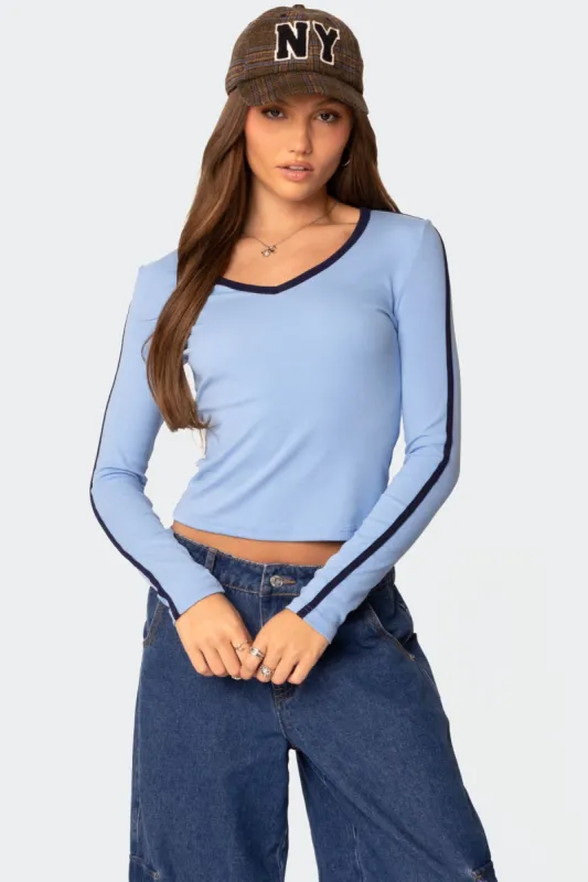 Contrast V Neck Long Sleeve T Shirt sold by Edikted