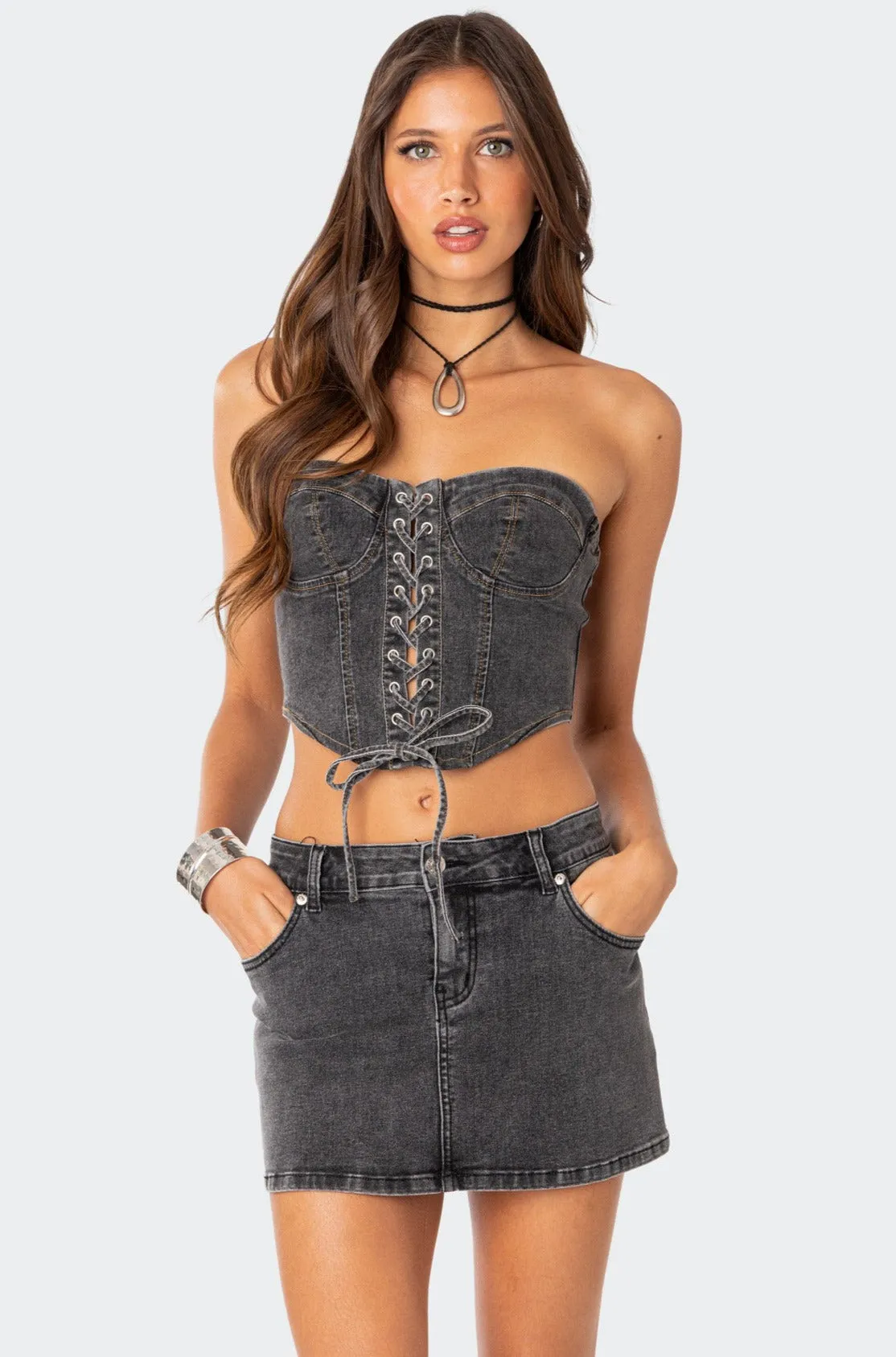 Waverly Denim Lace Up Corset sold by Edikted