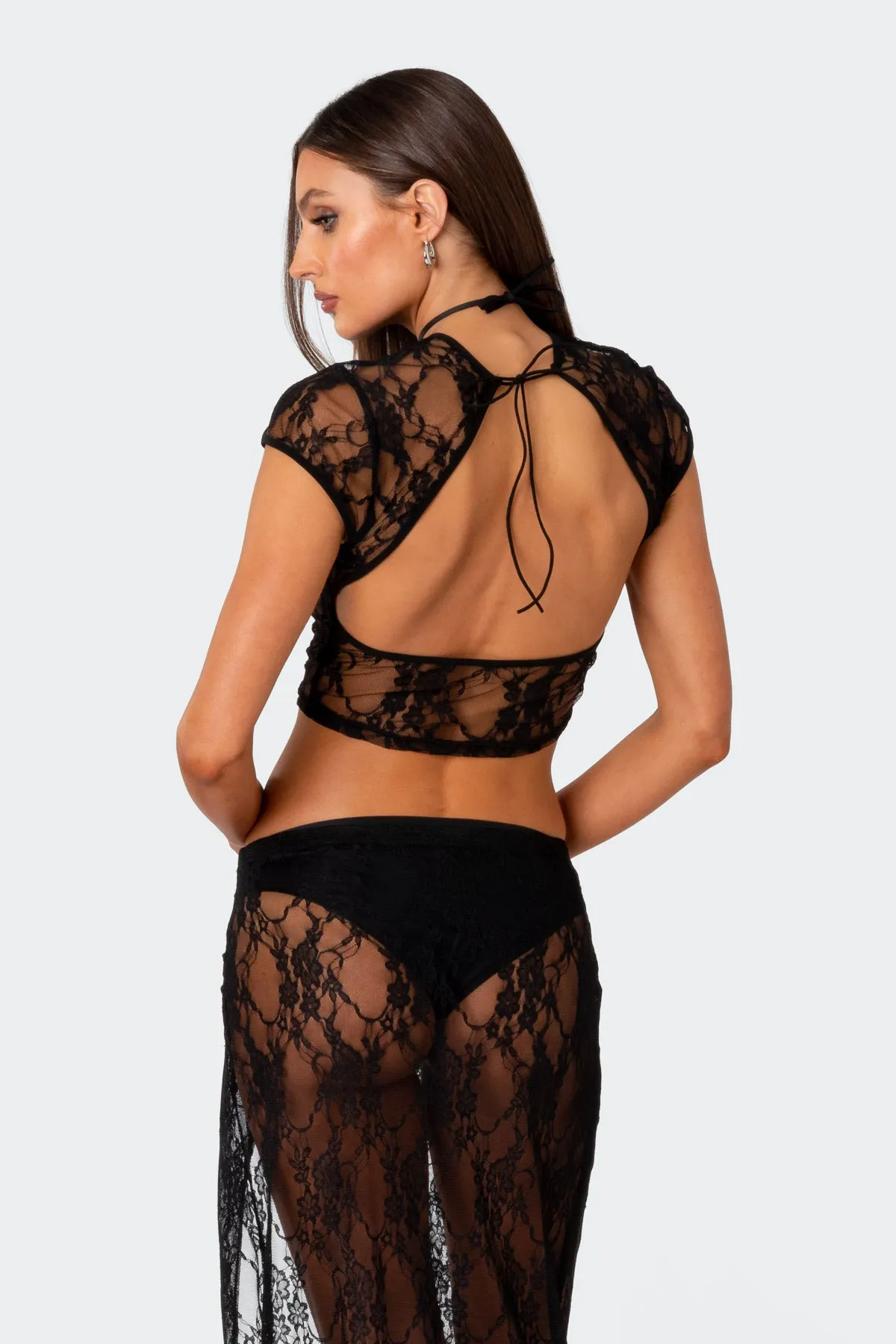 Aura Open Back Sheer Lace Crop Top sold by Edikted product image thumbnail 3