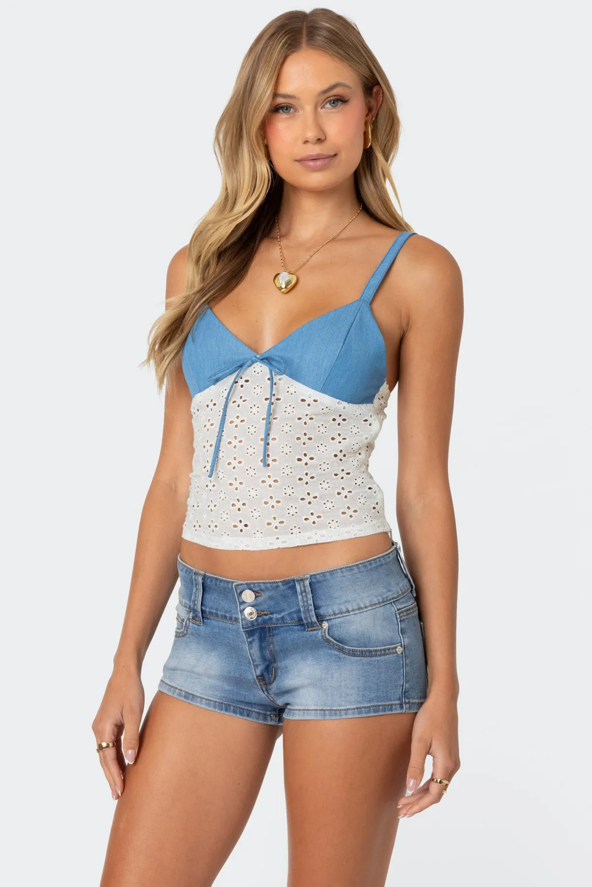 Denim & Eyelet Tank Top sold by Edikted product image thumbnail 3