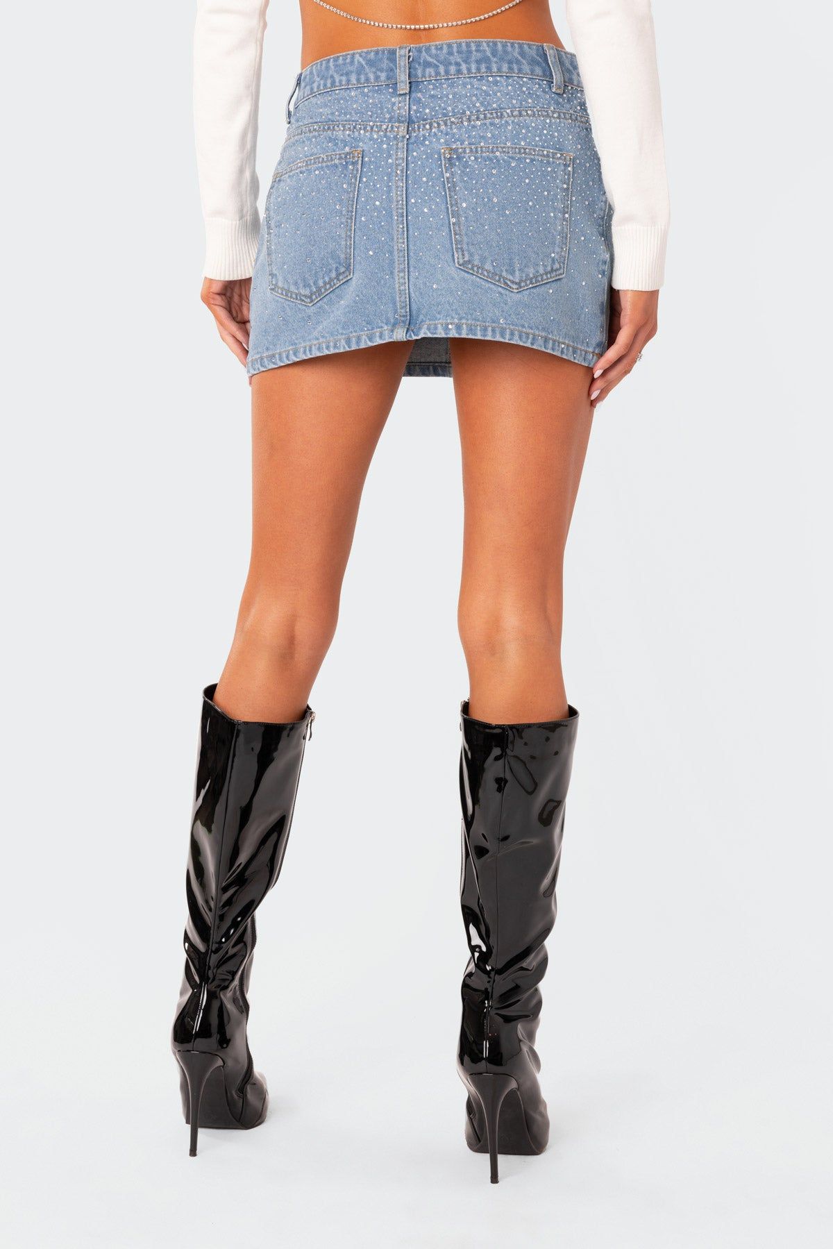 Low Rise Rhinestone Denim Mini Skirt sold by Edikted product image thumbnail 4