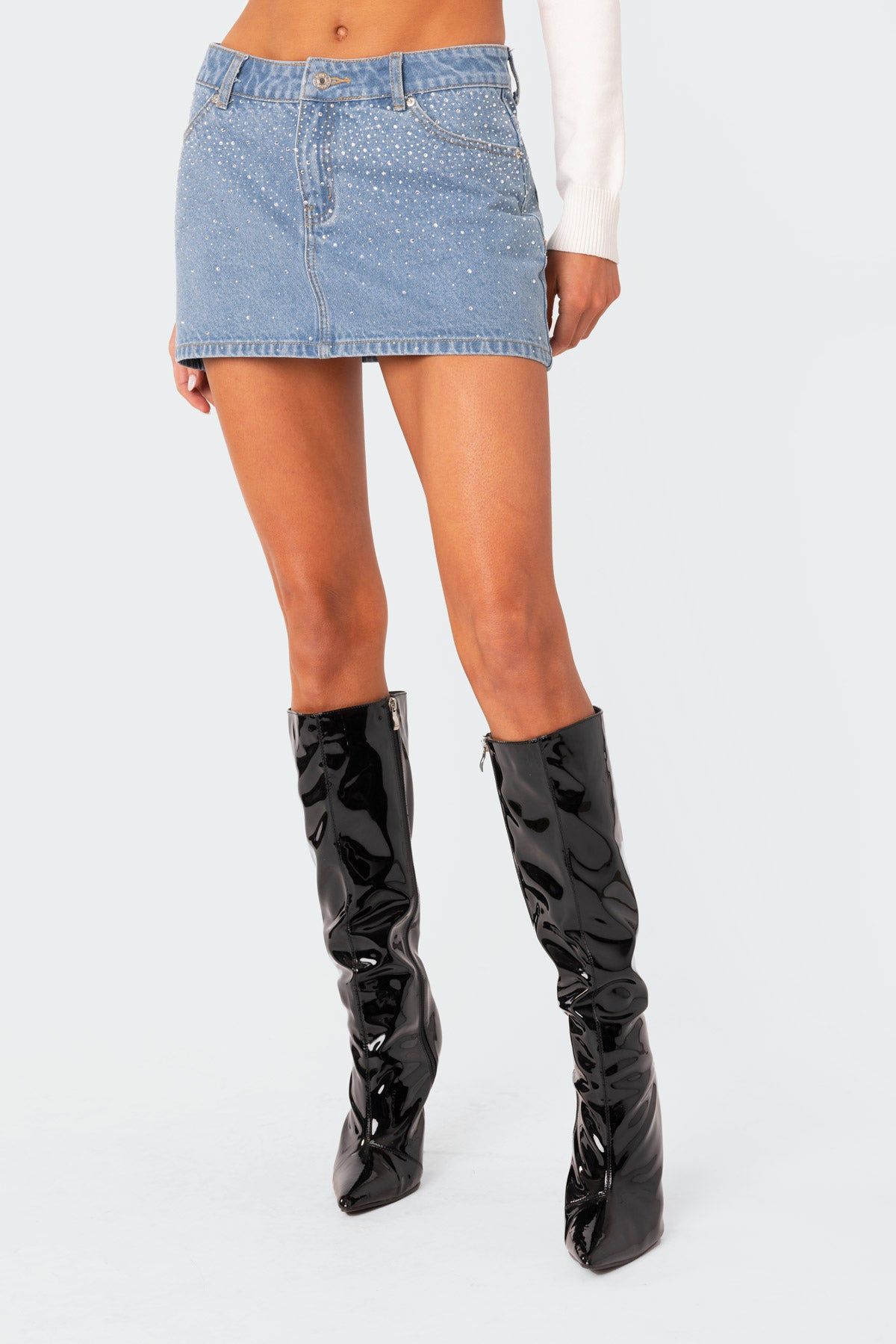 Low Rise Rhinestone Denim Mini Skirt sold by Edikted product image thumbnail 2