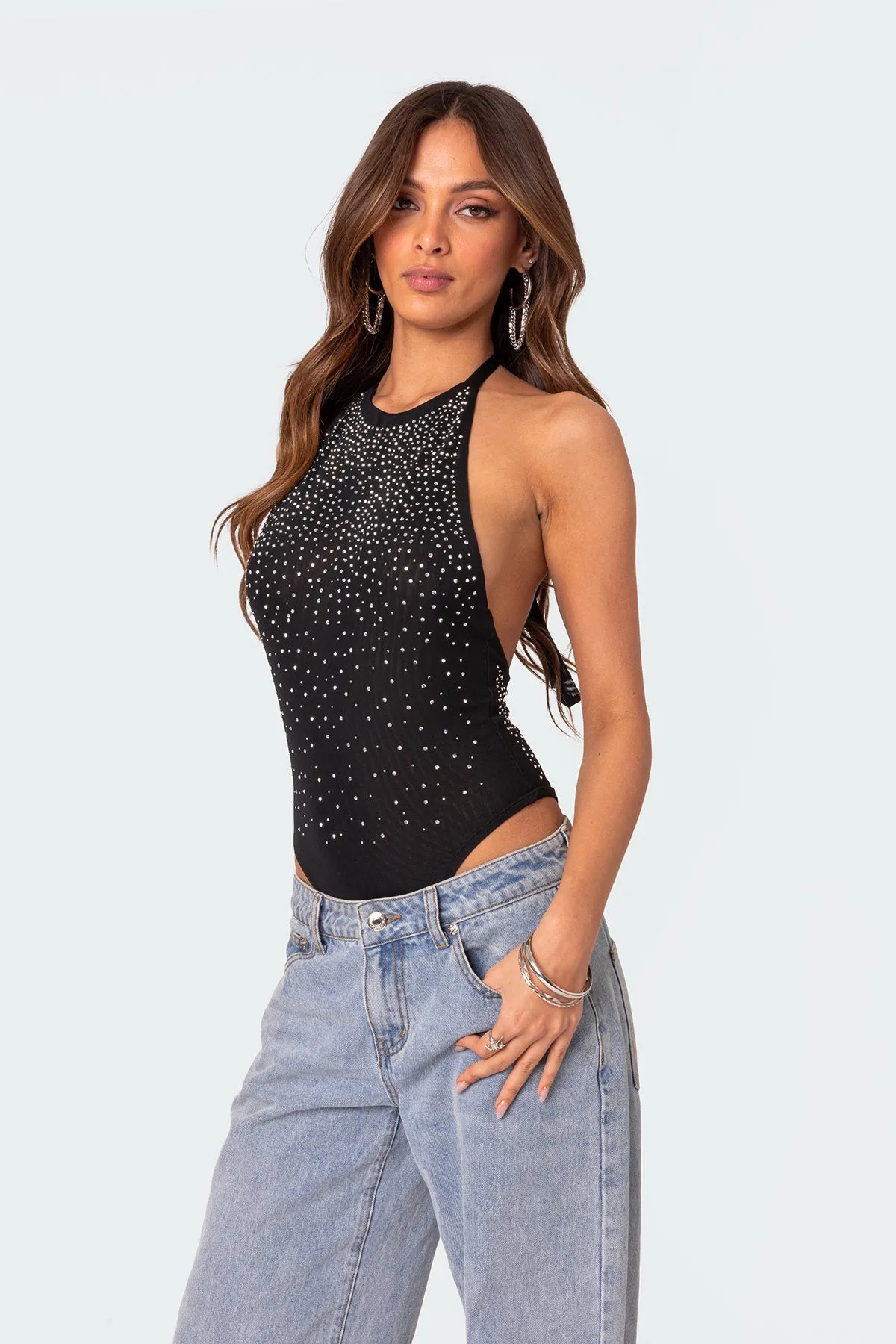 Open Back Mesh Rhinestone Bodysuit sold by Edikted product image thumbnail 3