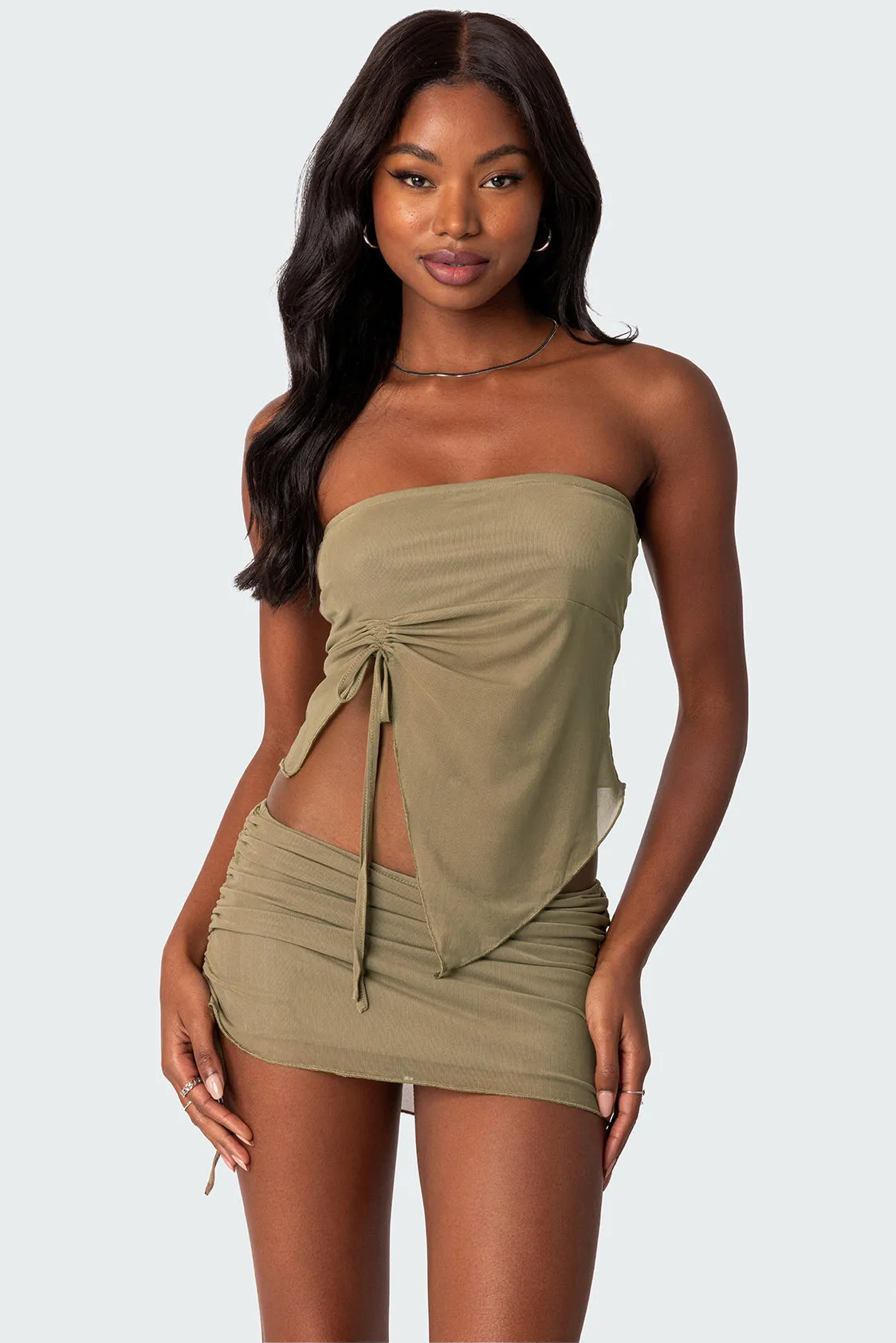 Joy Asymmetric Sheer Mesh Tube Top sold by Edikted