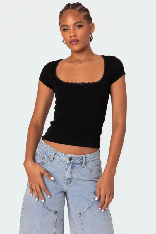 Priscilla Lace Trim T Shirt sold by Edikted