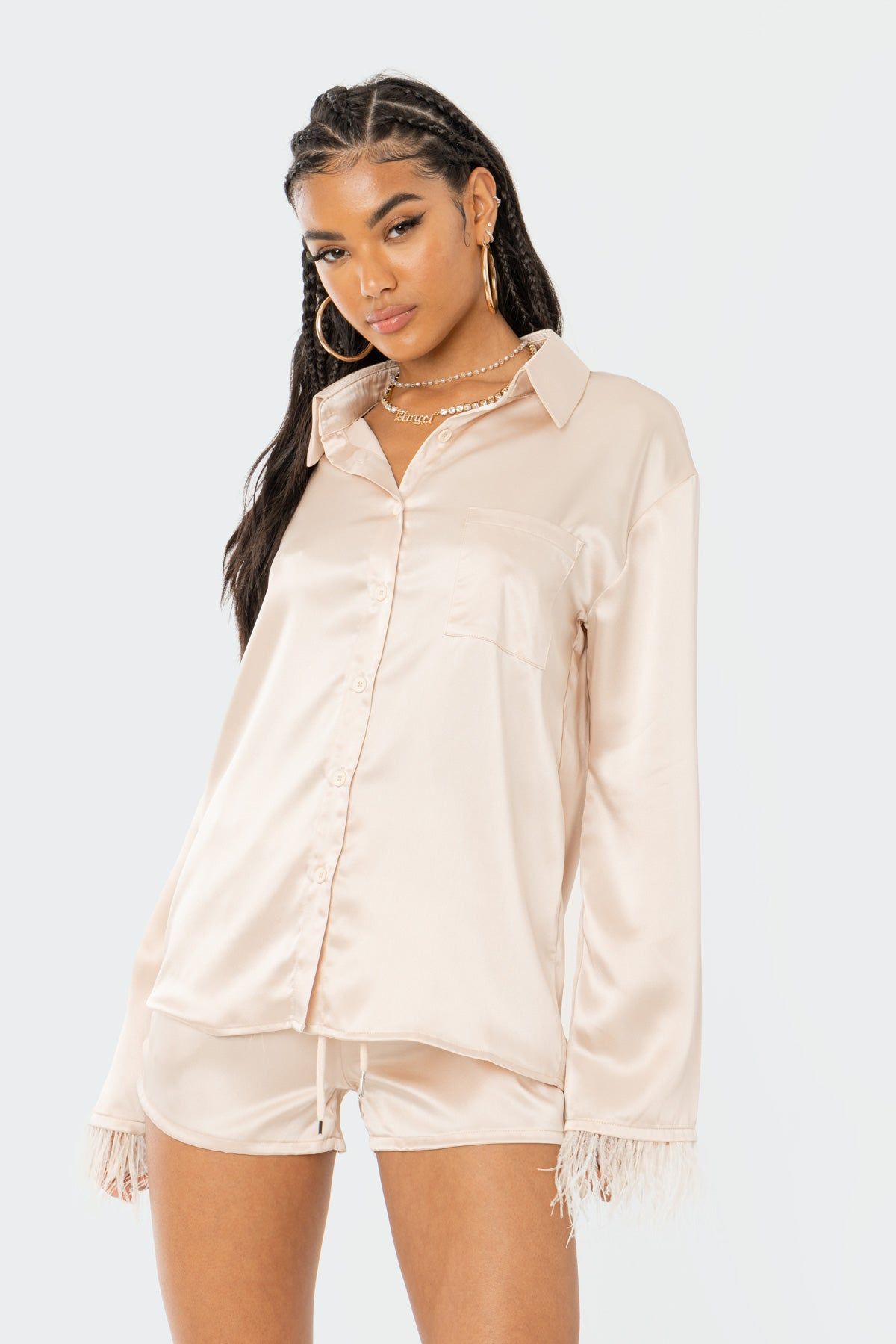Dreamy Feathered Satin Shirt sold by Edikted product image thumbnail 4