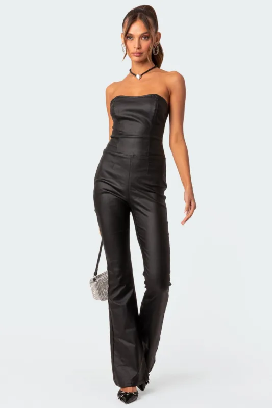 Luna Faux Leather Flared Jumpsuit sold by Edikted