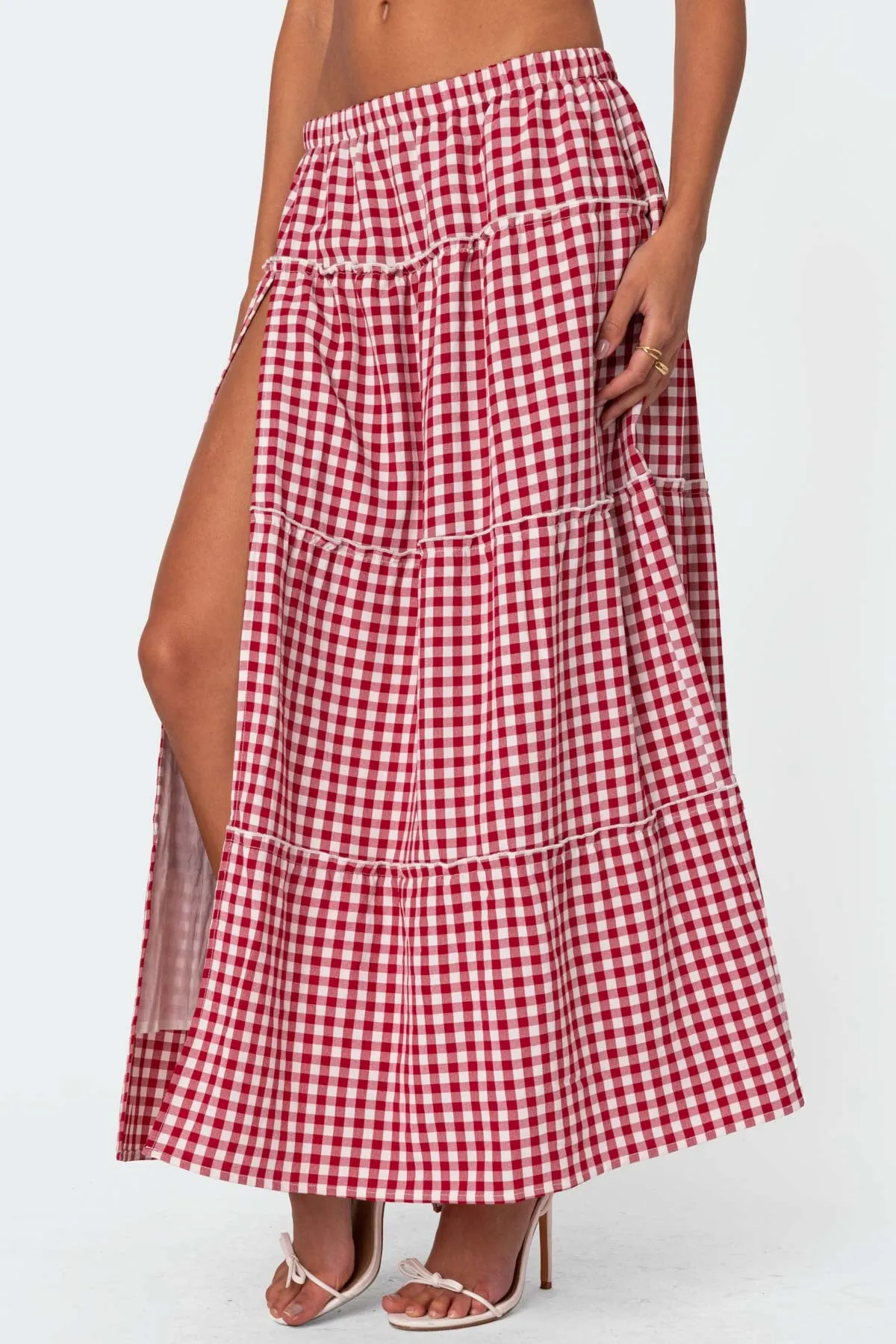 Gingham Side Slit Tiered Maxi Skirt sold by Edikted product image thumbnail 4