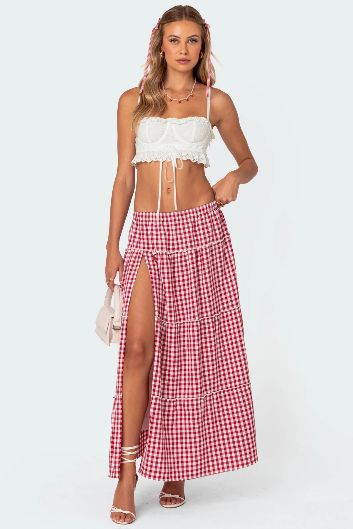 Gingham Side Slit Tiered Maxi Skirt sold by Edikted