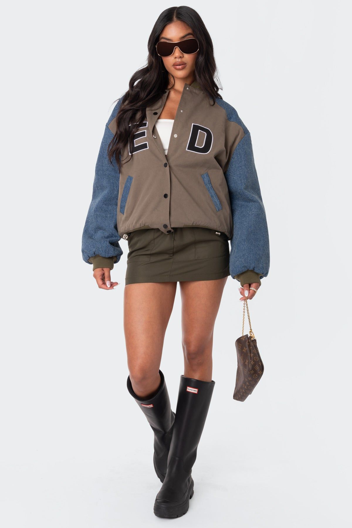 Oversized Denim Sleeves Bomber Jacket sold by Edikted