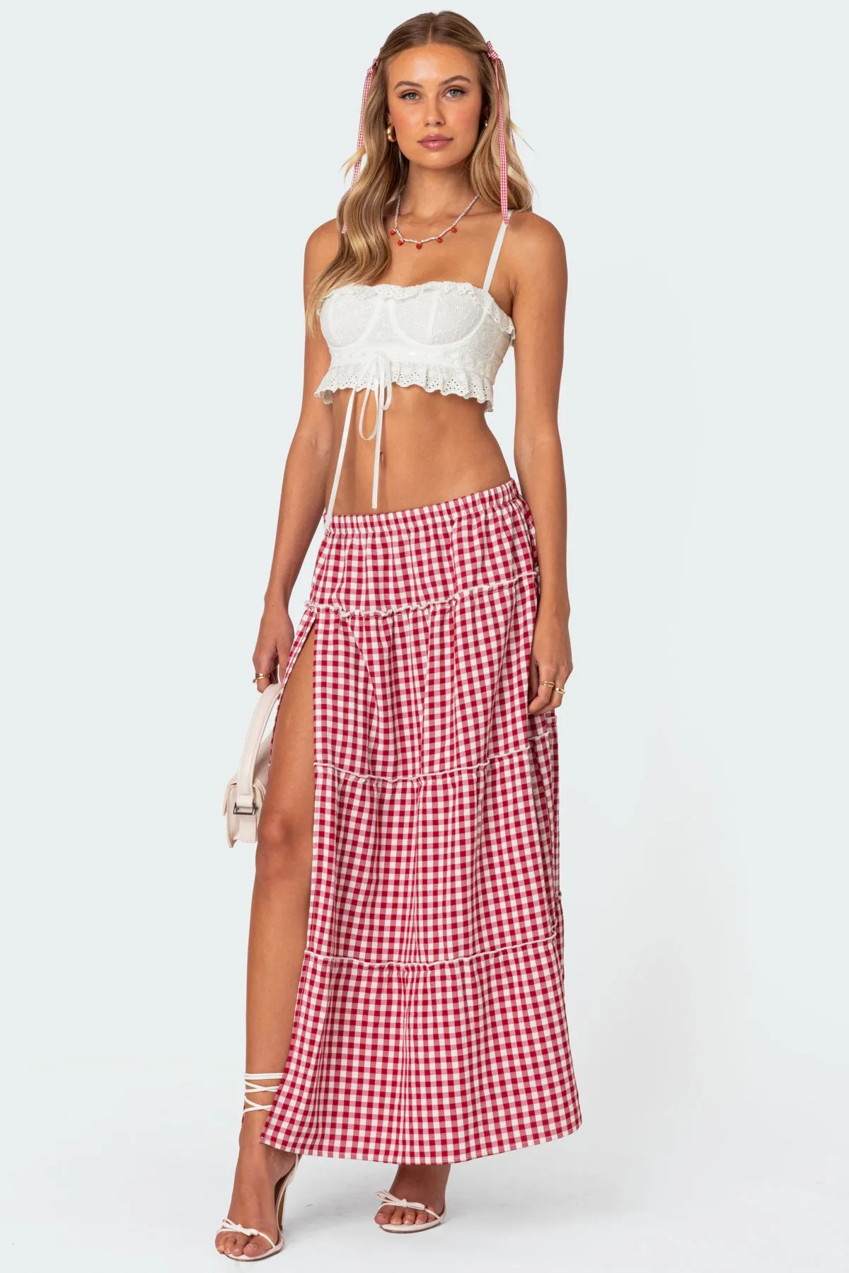 Gingham Side Slit Tiered Maxi Skirt sold by Edikted product image thumbnail 3