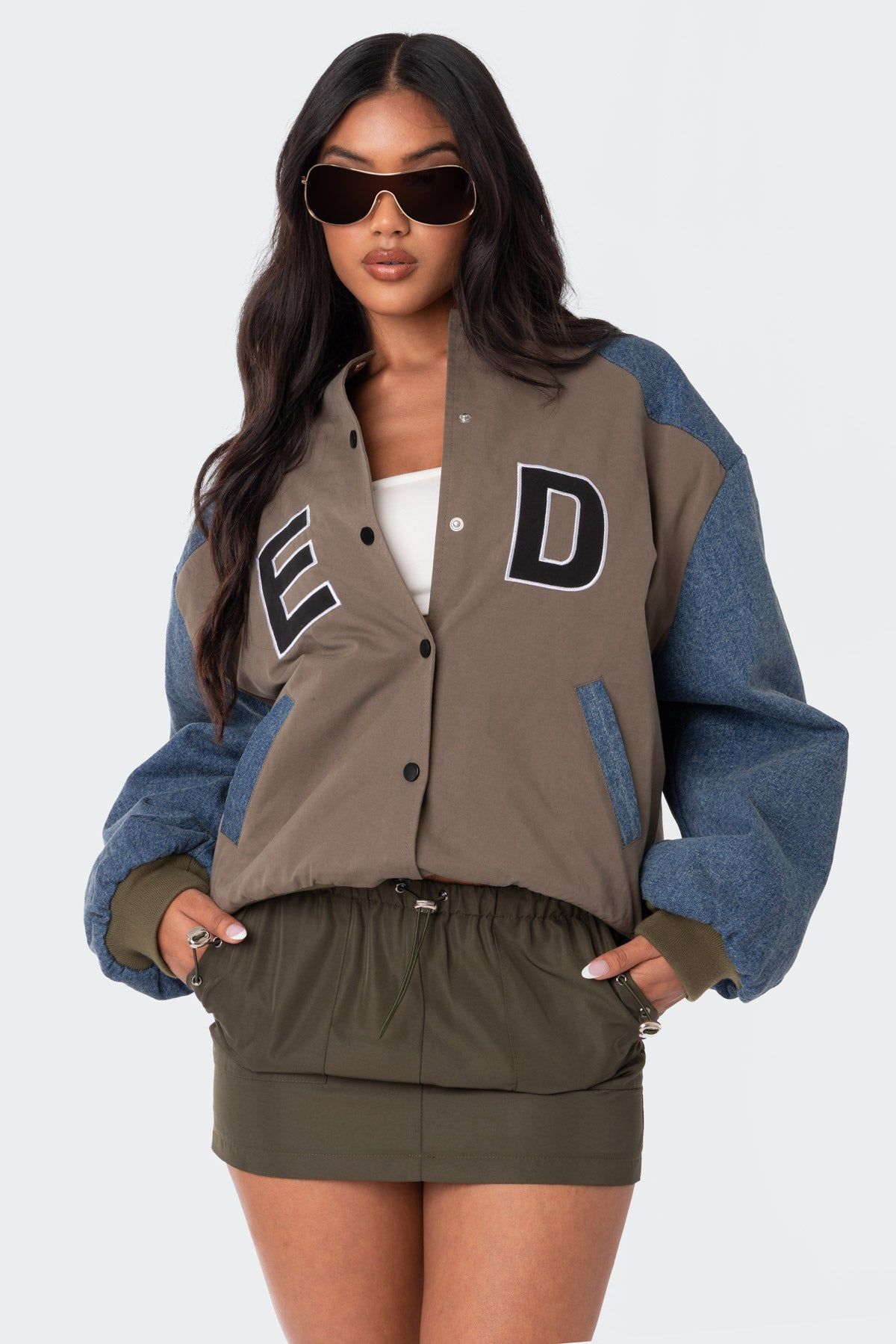 Oversized Denim Sleeves Bomber Jacket sold by Edikted product image thumbnail 2