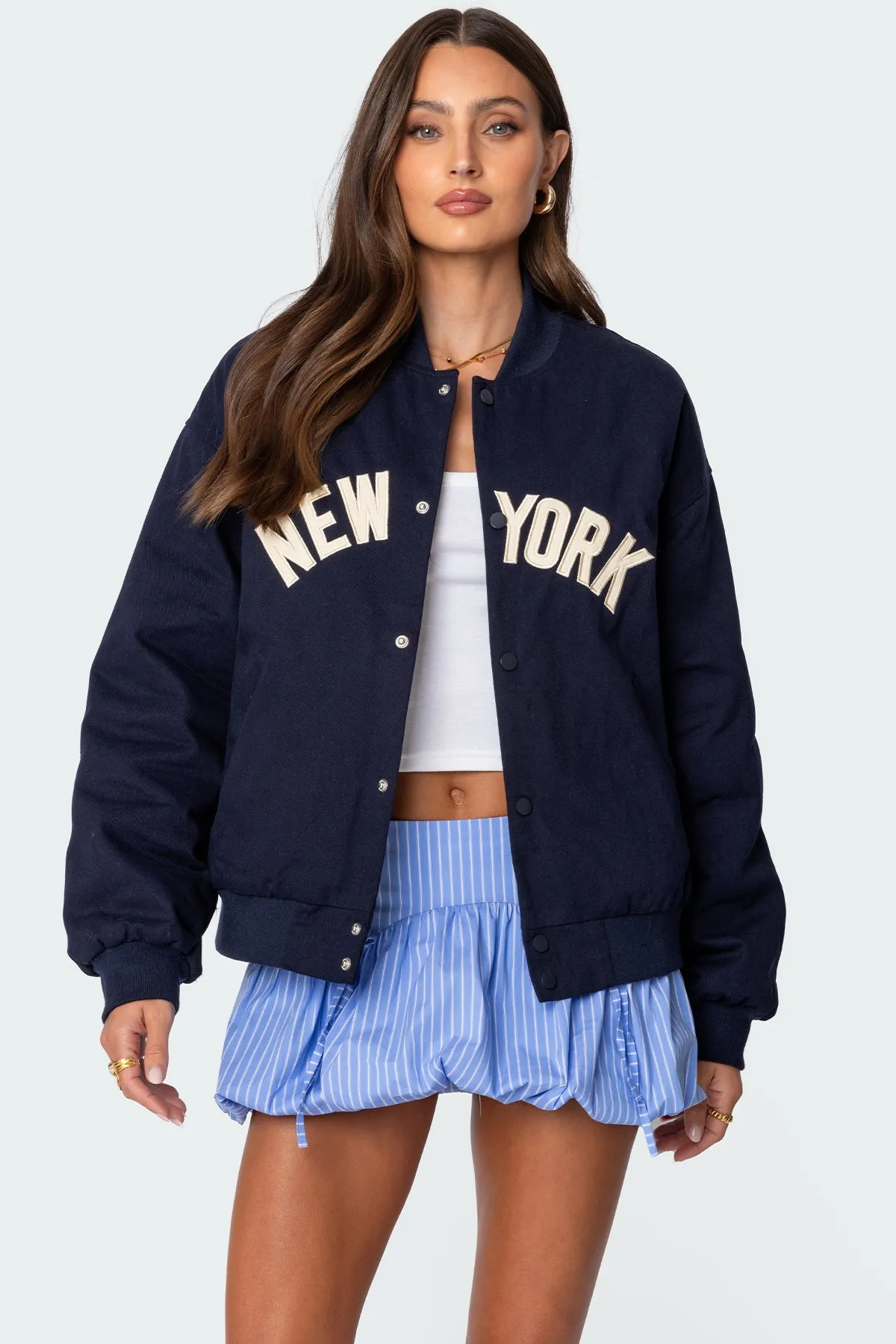 Big Apple Oversized Bomber Jacket sold by Edikted