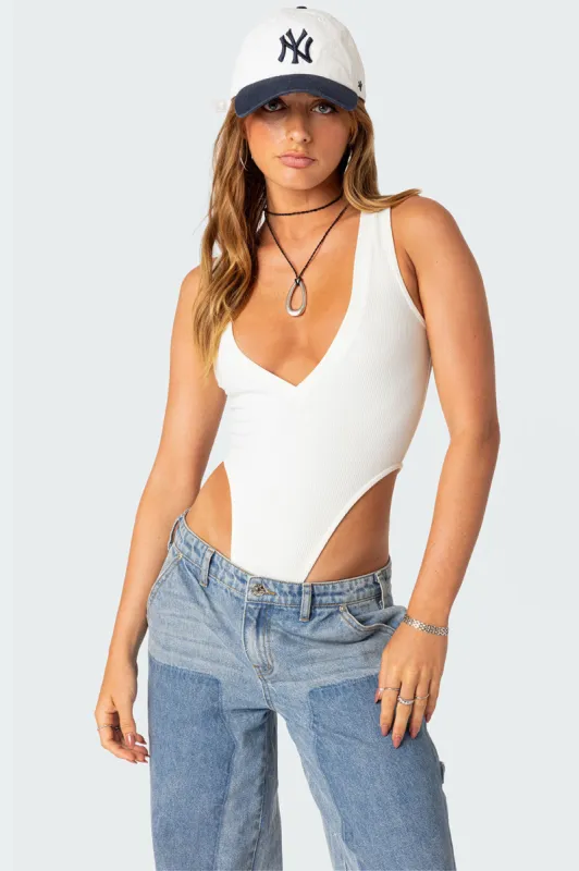 High Cut Ribbed V Neck Bodysuit sold by Edikted