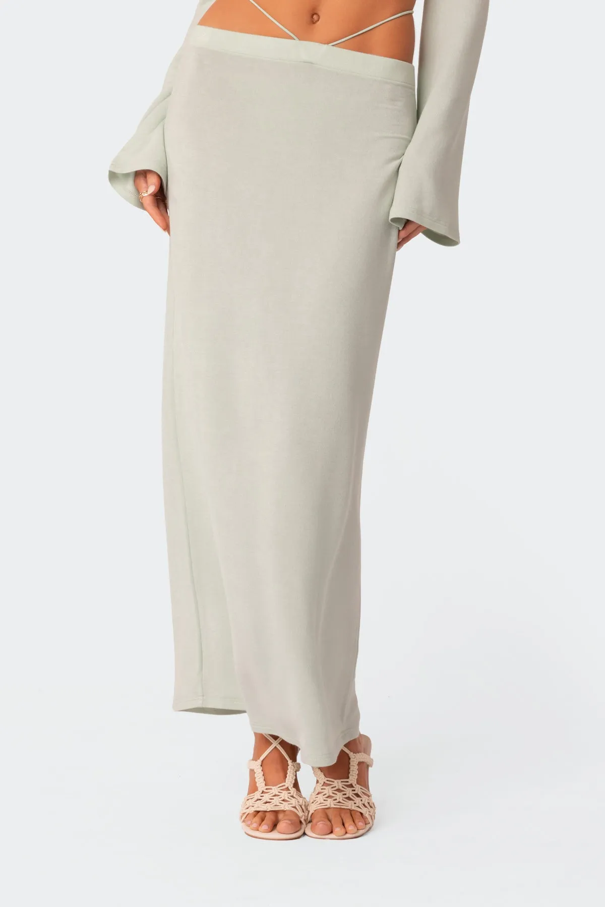 ★YEEL★ STRAP-LAYERED MAXI SKIRT Dollie Bell - Black/Grey Shine Zip-detail Slit Maxi Skirt