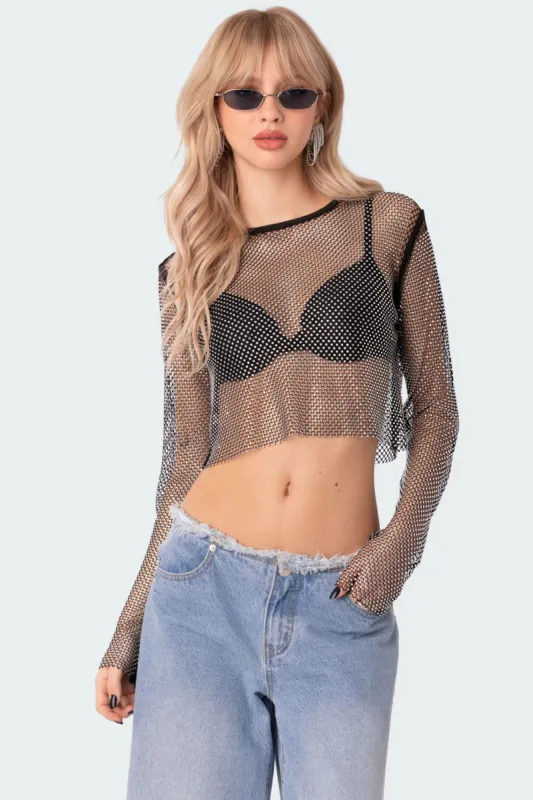 Rhinestone Fishnet Crop Top sold by Edikted
