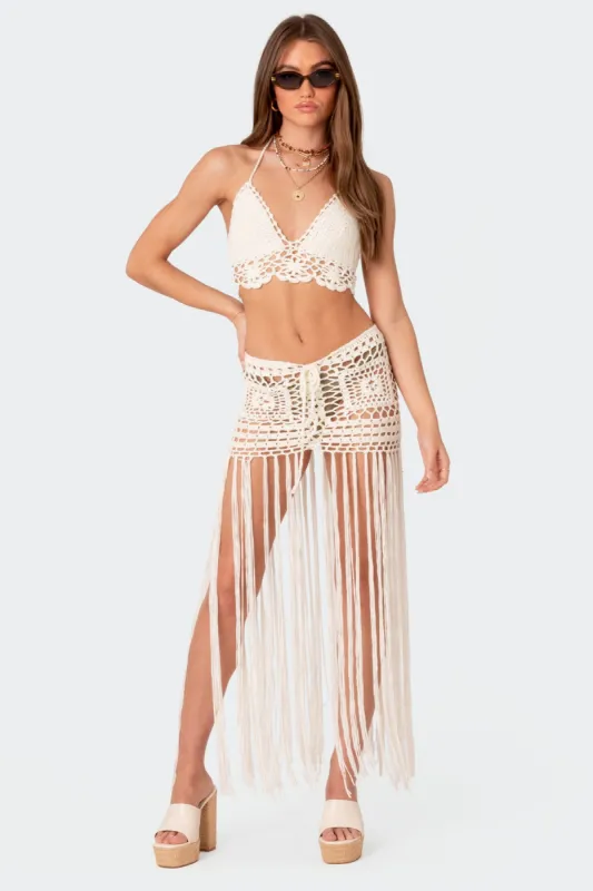 Lillee Crochet Fringe Maxi Skirt sold by Edikted