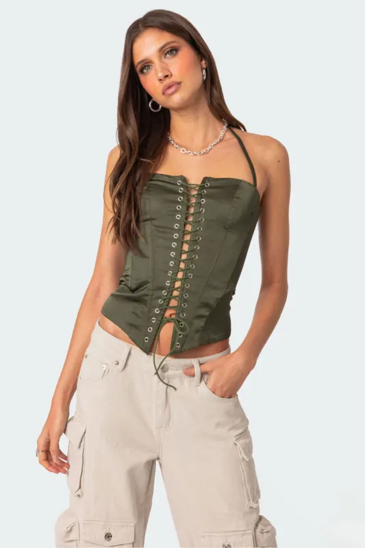 Ola Satin Lace Up Corset sold by Edikted