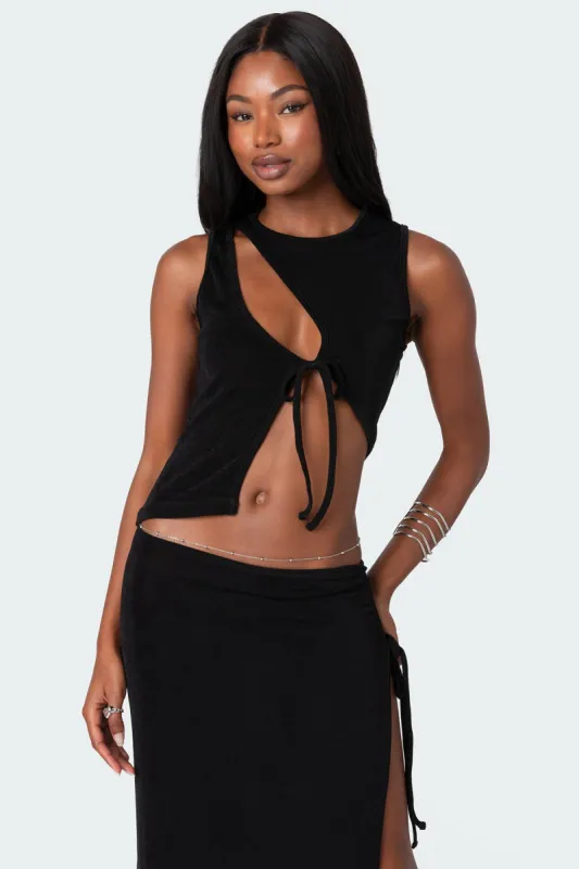 Goldie Asymmetric Cut Out Top sold by Edikted