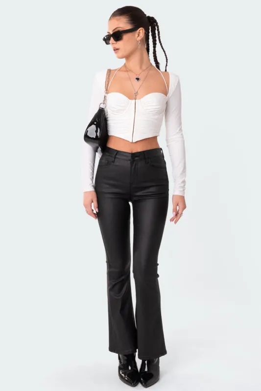 Petite Luna Faux Leather Flare Jeans sold by Edikted
