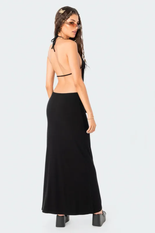 Fringe Open-Back Ribbed Maxi Dress sold by Edikted