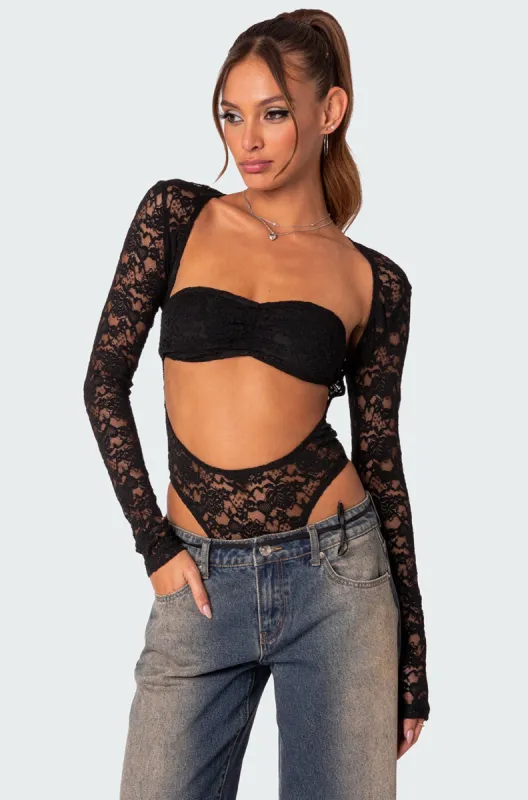 Zoey Sheer Lace Two Piece Bodysuit sold by Edikted
