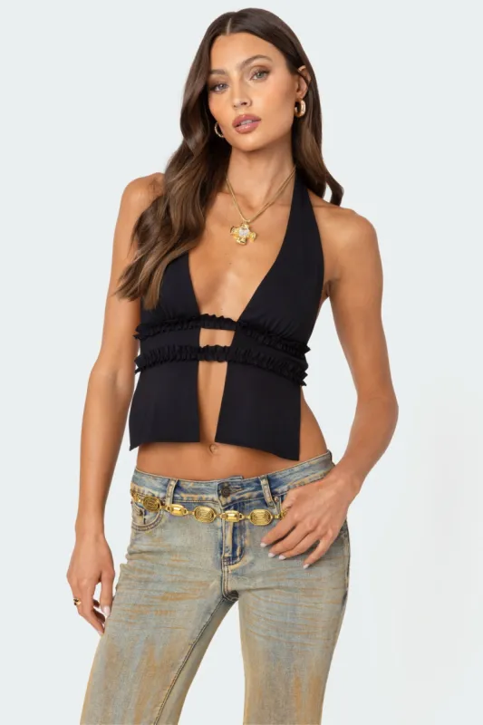 Luma Split Front Backless Halter Top sold by Edikted