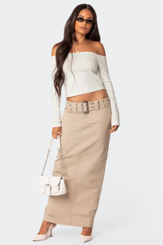 Evangeline Belted Denim Maxi Skirt sold by Edikted