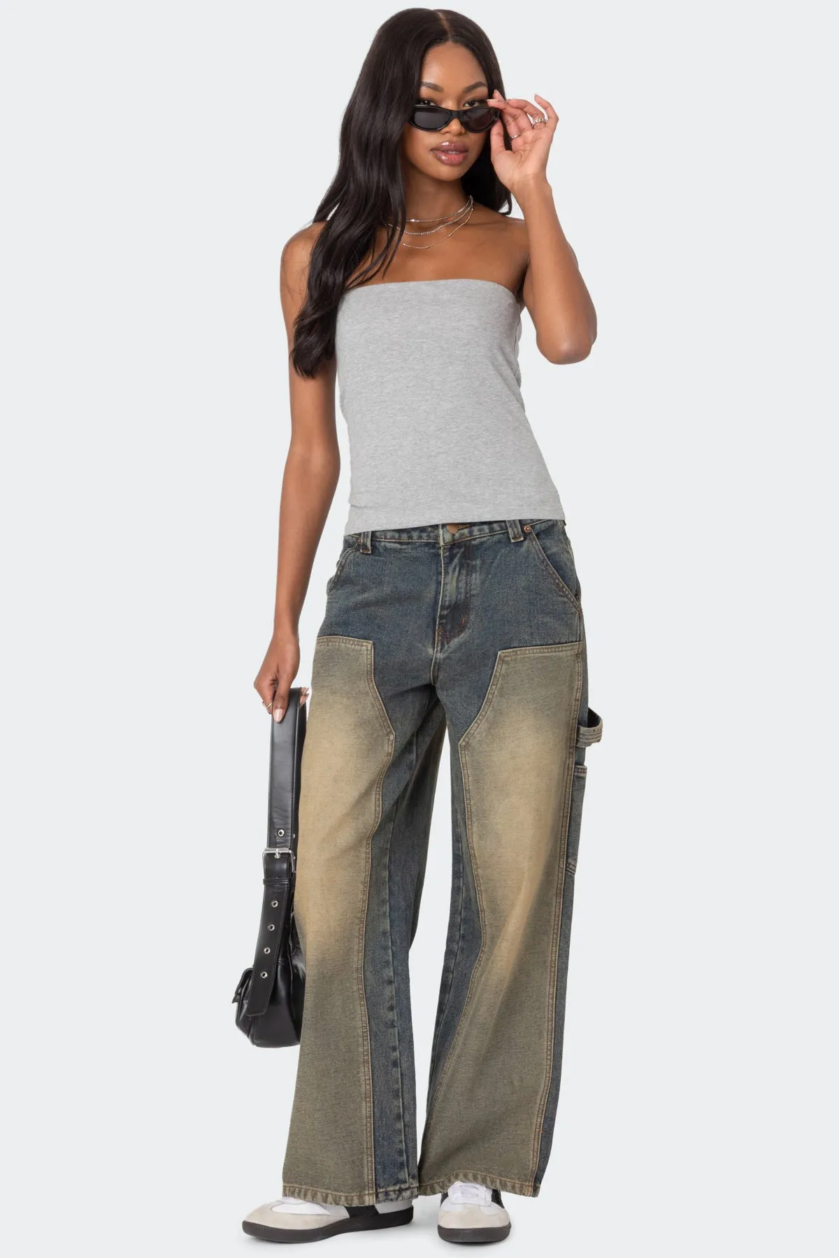 Contrast Panel Low Rise Washed Jeans sold by Edikted