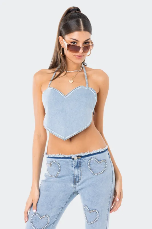 Pearly Heart Denim Top sold by Edikted