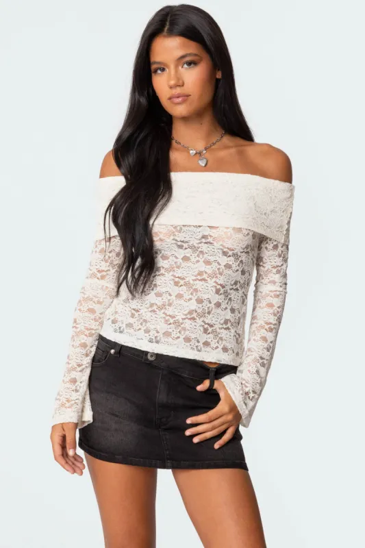 Ashley Off Shoulder Sheer Lace Top sold by Edikted
