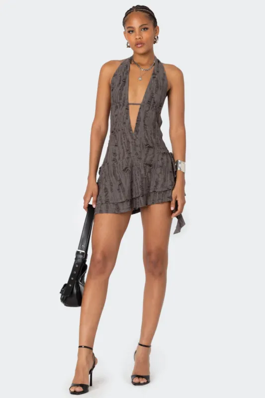 Shredded Backless Halter Mini Dress sold by Edikted