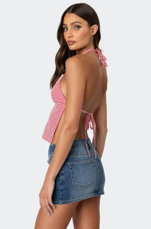 Charmaine Open Back Gingham Top sold by Edikted