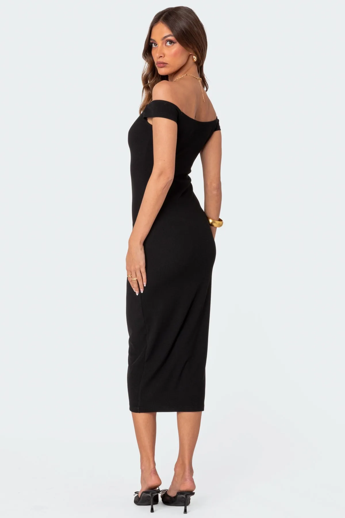 Kyla Off Shoulder Ribbed Midi Dress sold by Edikted product image thumbnail 4