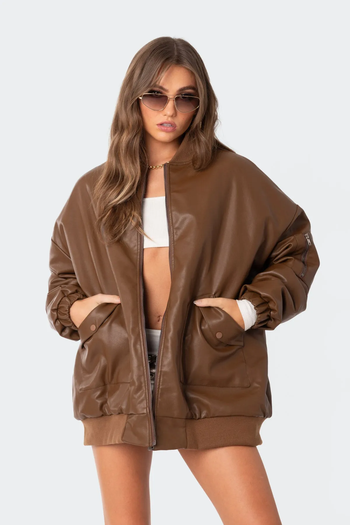 Faux Leather Oversized Bomber Jacket sold by Edikted product image thumbnail 3